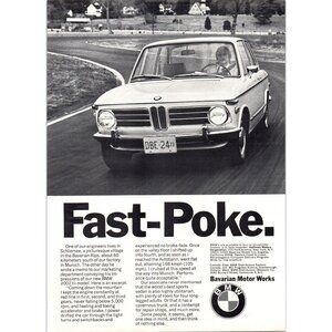 1973 BMW 2002 2 Door Sedan Vintage Print Ad Fast Poke Road Track 70s Wall Art